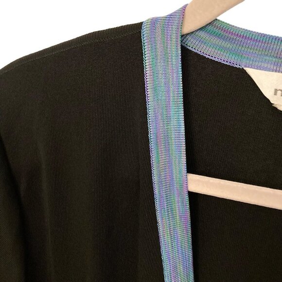 Exclusively Misook Black Open Cardigan Sweater Blue Purple Trim Pockets Sz XS - Picture 2 of 8